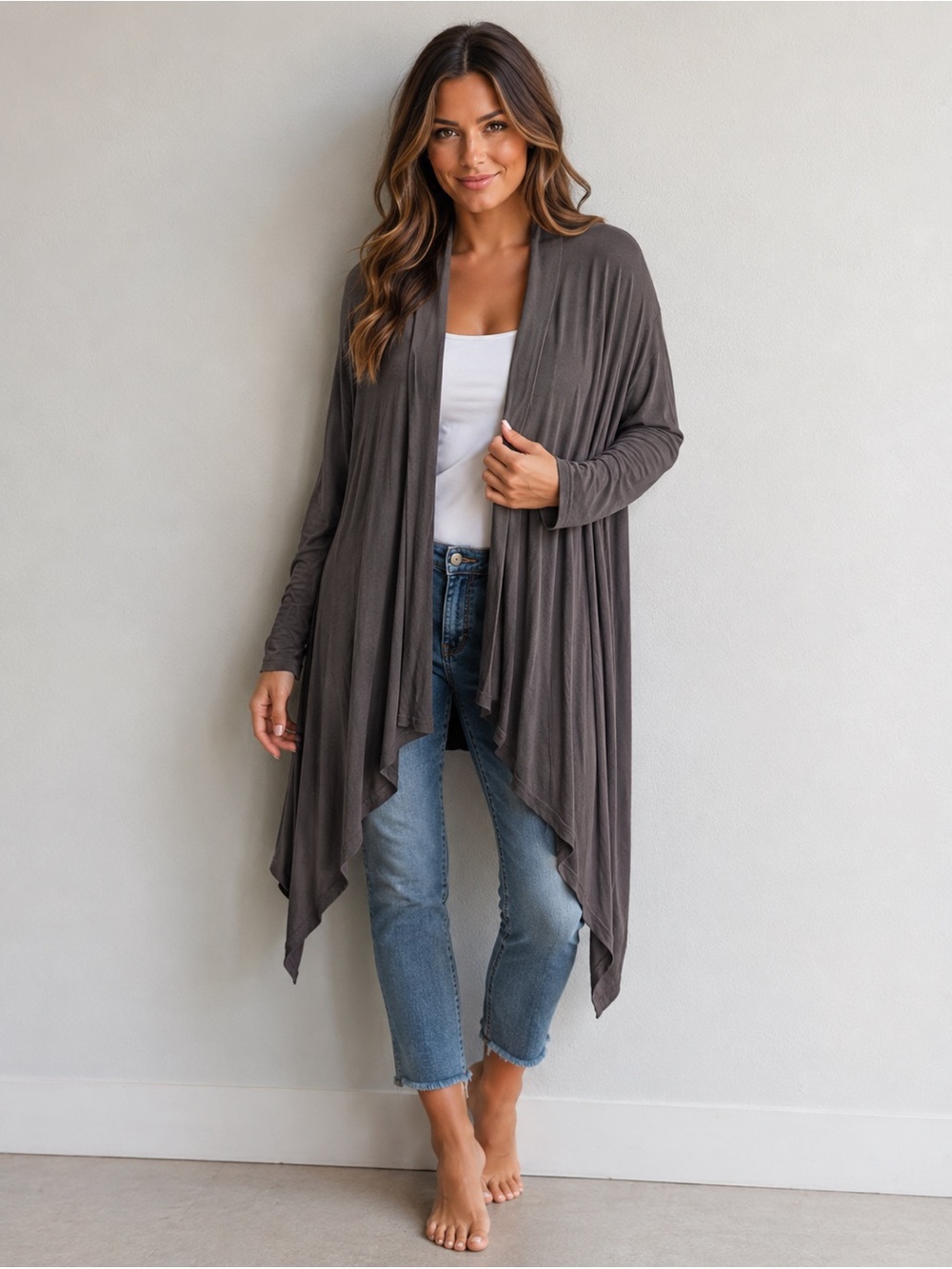 Lightweight Open-Front Draped Shark Bite Cardigan Super Soft Charcoal Gray Essen